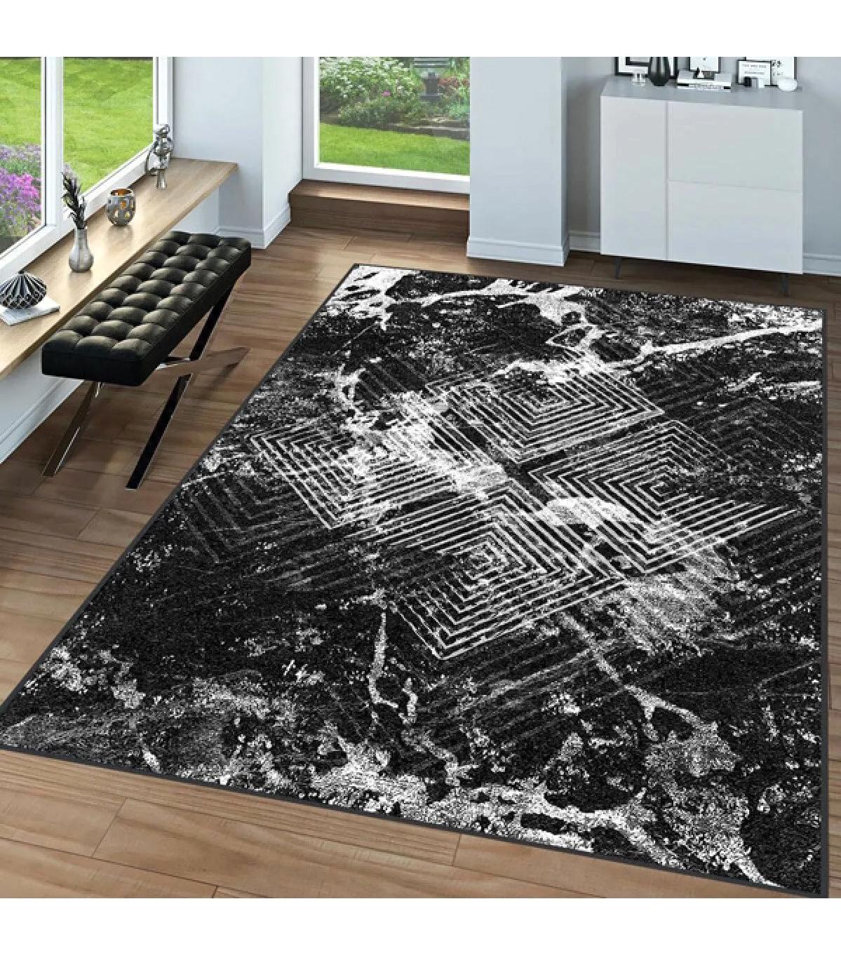 Rovigo Home RVG0096-SD1038 Beyaz - Siyah 8 mm Polyester Yıkanabilir Orta Kaymaz Dot Taban Dikdörtgen Makine Dokuma Salon Halısı 80x500 cm