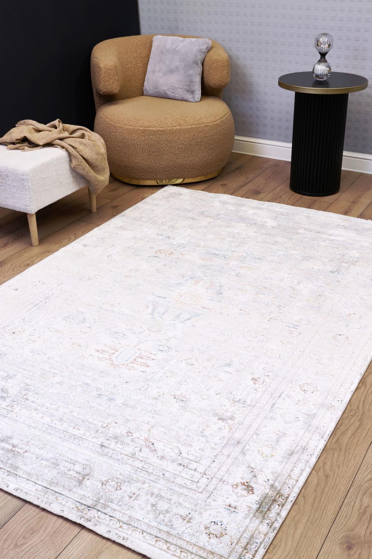 Apex Heriz 8212 Krem Pamuk Yıkanabilir İnce Kaymaz Jüt Taban Dikdörtgen Makine Dokuma Salon Halısı 60x100 cm