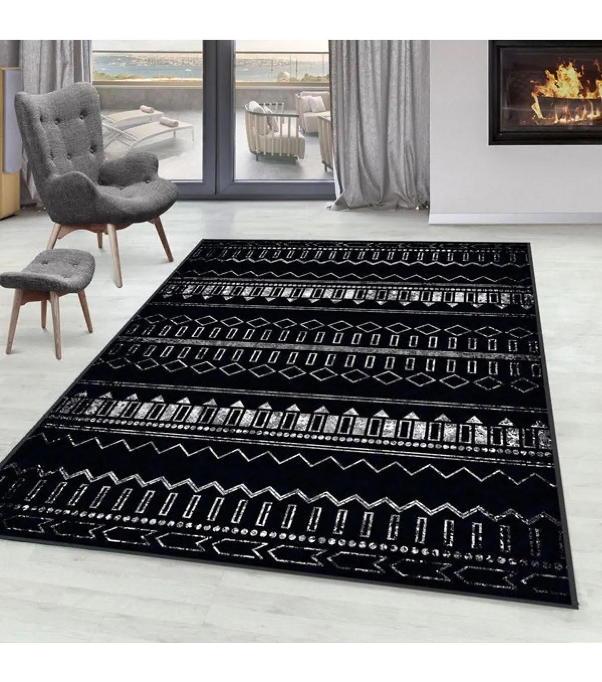 Rovigo Home RVG0112-SD1172 Beyaz - Siyah 8 mm Polyester Yıkanabilir Orta Kaymaz Dot Taban Dikdörtgen Makine Dokuma Salon Halısı 120x200 cm