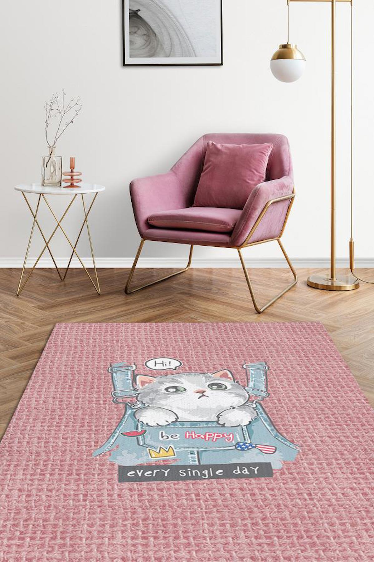 Homshtag Her Gün Mutlu Ol Çok Renkli 4 mm Pamuk Antistatik Yıkanabilir İnce Kaymaz Dikdörtgen Makine Dokuma Salon Halısı 140x200 cm