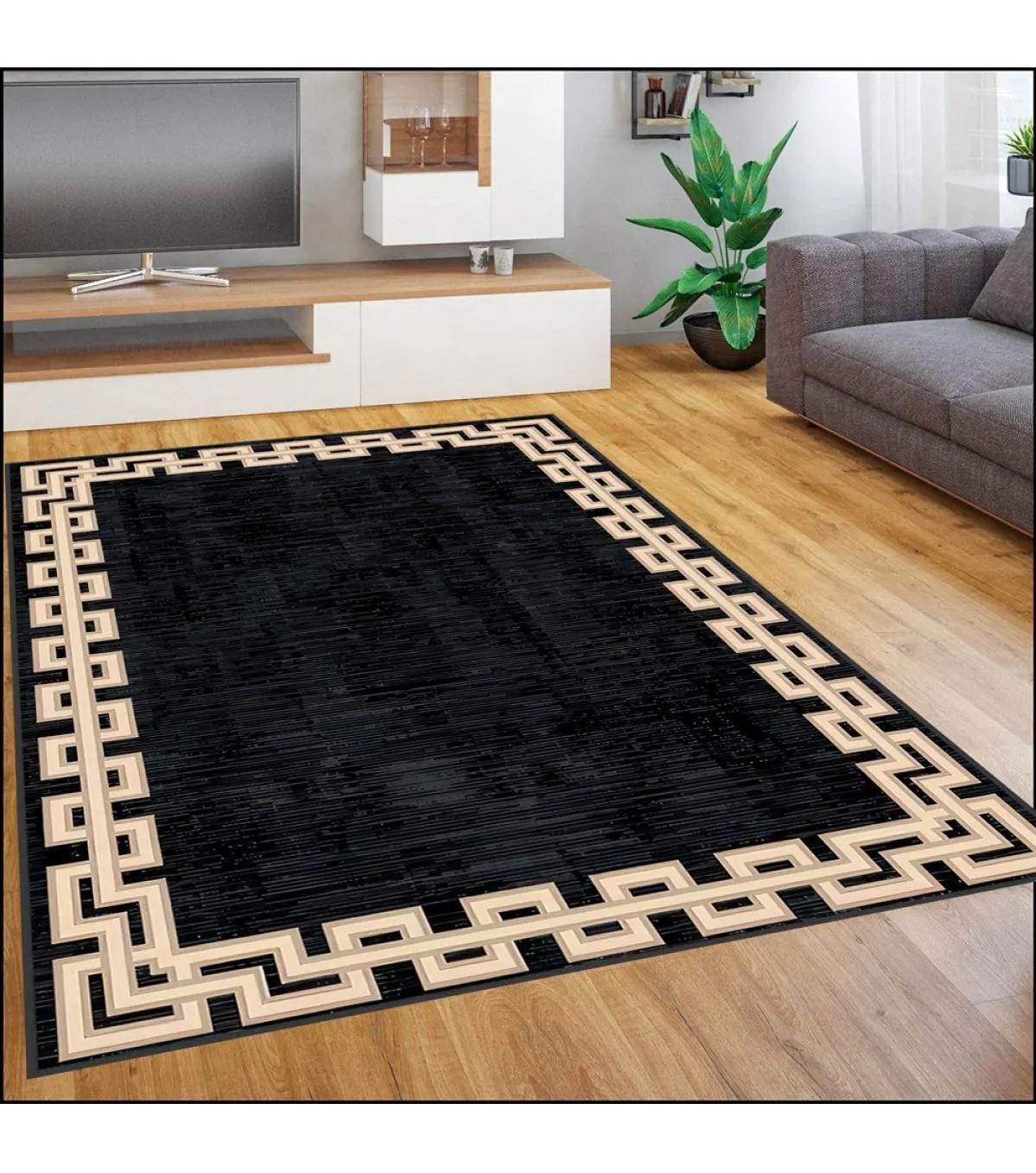 Rovigo Home RVG0444 Altın-Siyah 8 mm Polyester Leke Tutmaz-Toz Tutmaz Yıkanabilir İnce Kaymaz Dot Taban Dikdörtgen Makine Dokuma Salon Halısı 120x200 cm