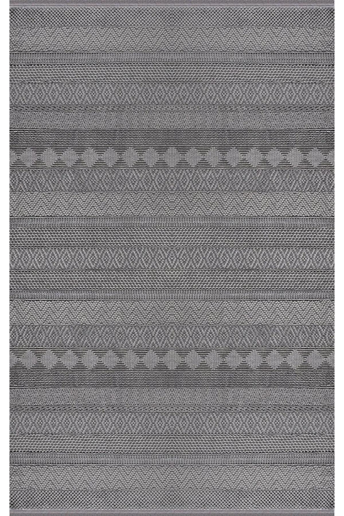 Merinos Recycle 38422 Krem 7 mm Pamuk Toz Tutmaz Yıkanabilir İnce Kaymaz Geometrik Dikdörtgen Makine Dokuma Salon Halısı 160x230 cm