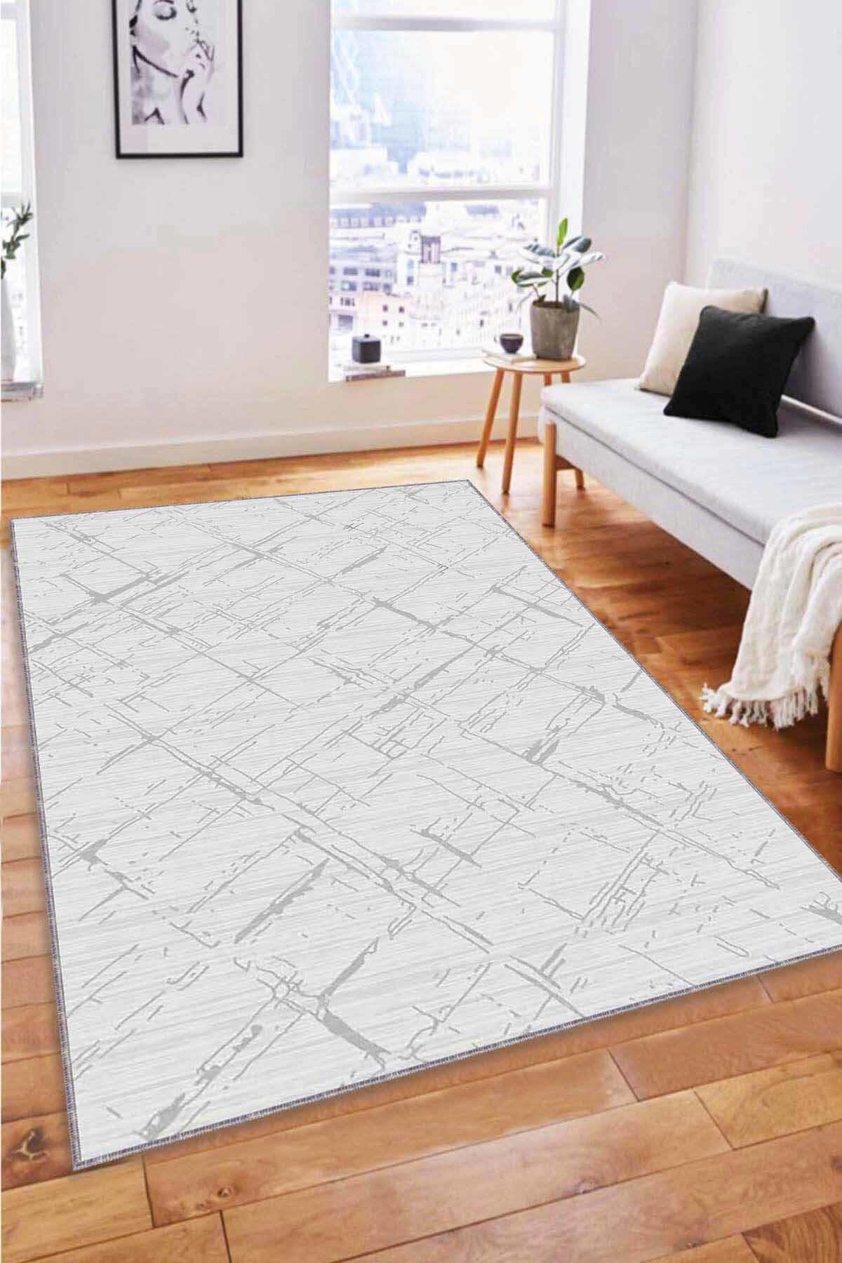 Viva Home CZ001 Gri 7 mm Mikropolyester Toz Tutmaz Yıkanabilir İnce Kaymaz Dot Taban Dikdörtgen Makine Dokuma Salon Halısı 150x220 cm