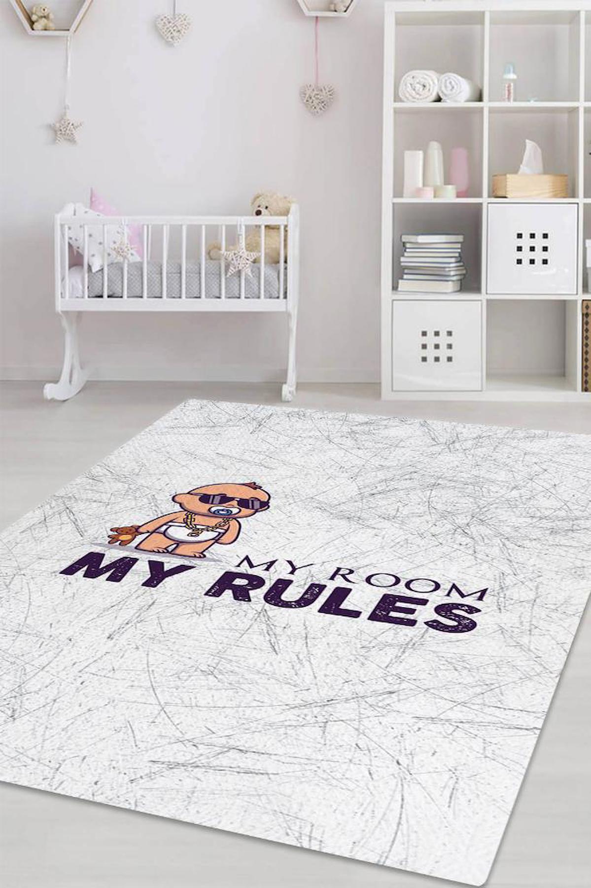 Homshtag Benim Odam Benim Kurallarım Krem 4 mm Pamuk Antistatik Yıkanabilir İnce Kaymaz Dikdörtgen Makine Dokuma Çocuk Odası Halısı 120x180 cm