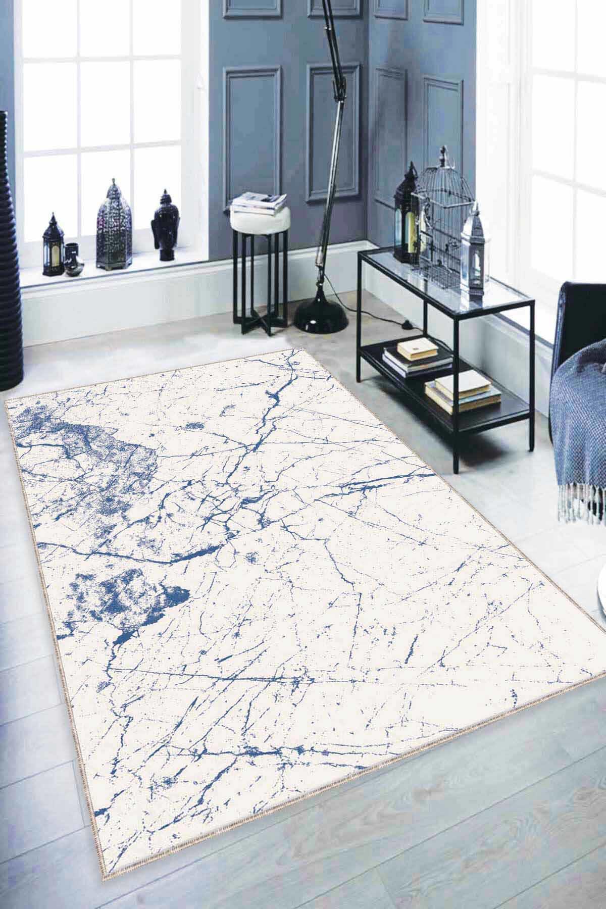 Viva Home MR02 Mavi 7 mm Mikropolyester Antialerjenik Yıkanabilir İnce Kaymaz Dot Taban Dikdörtgen Makine Dokuma Salon Halısı 160x230 cm