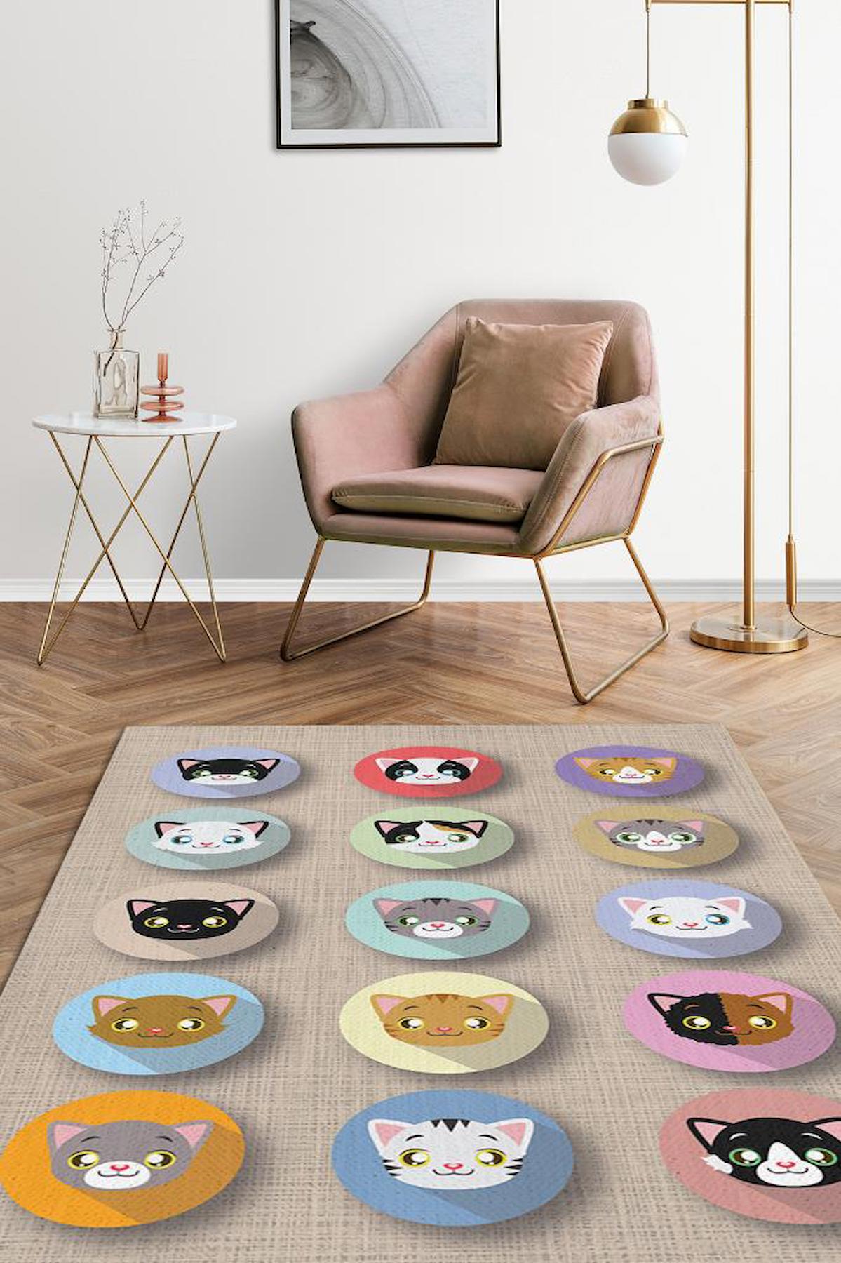 Homshtag Sevimli Kediler Çok Renkli 4 mm Pamuk Antistatik Yıkanabilir İnce Kaymaz Dikdörtgen Makine Dokuma Genç Odası Halısı 80x200 cm