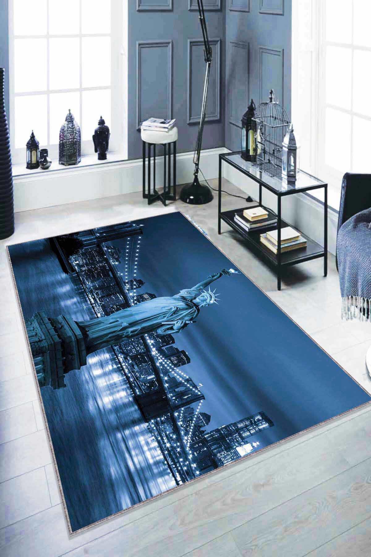 Viva Home RV340 Mavi 7 mm Mikropolyester Antialerjenik Yıkanabilir İnce Kaymaz Dot Taban Dikdörtgen Makine Dokuma Salon Halısı 120x200 cm