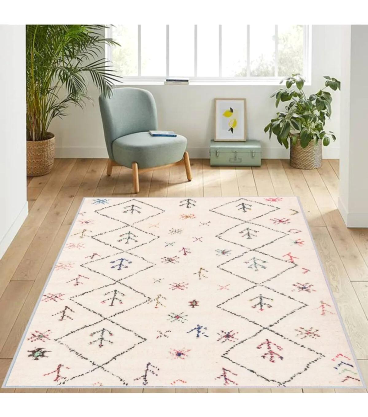 Rovigo Home RVG1214 Krem 8 mm Polyester Antibakteriyel-Leke Tutmaz-Toz Tutmaz Yıkanabilir İnce Kaymaz Dot Taban Dikdörtgen Makine Dokuma Salon Halısı 80x180 cm