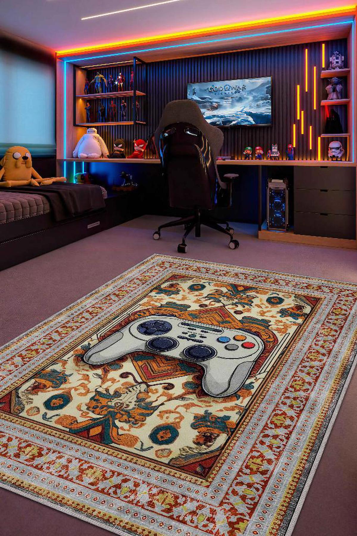 Homshtag Gamer Çok Renkli 4 mm Pamuk Antistatik Yıkanabilir İnce Kaymaz Dikdörtgen Makine Dokuma Genç Odası Halısı 100x300 cm