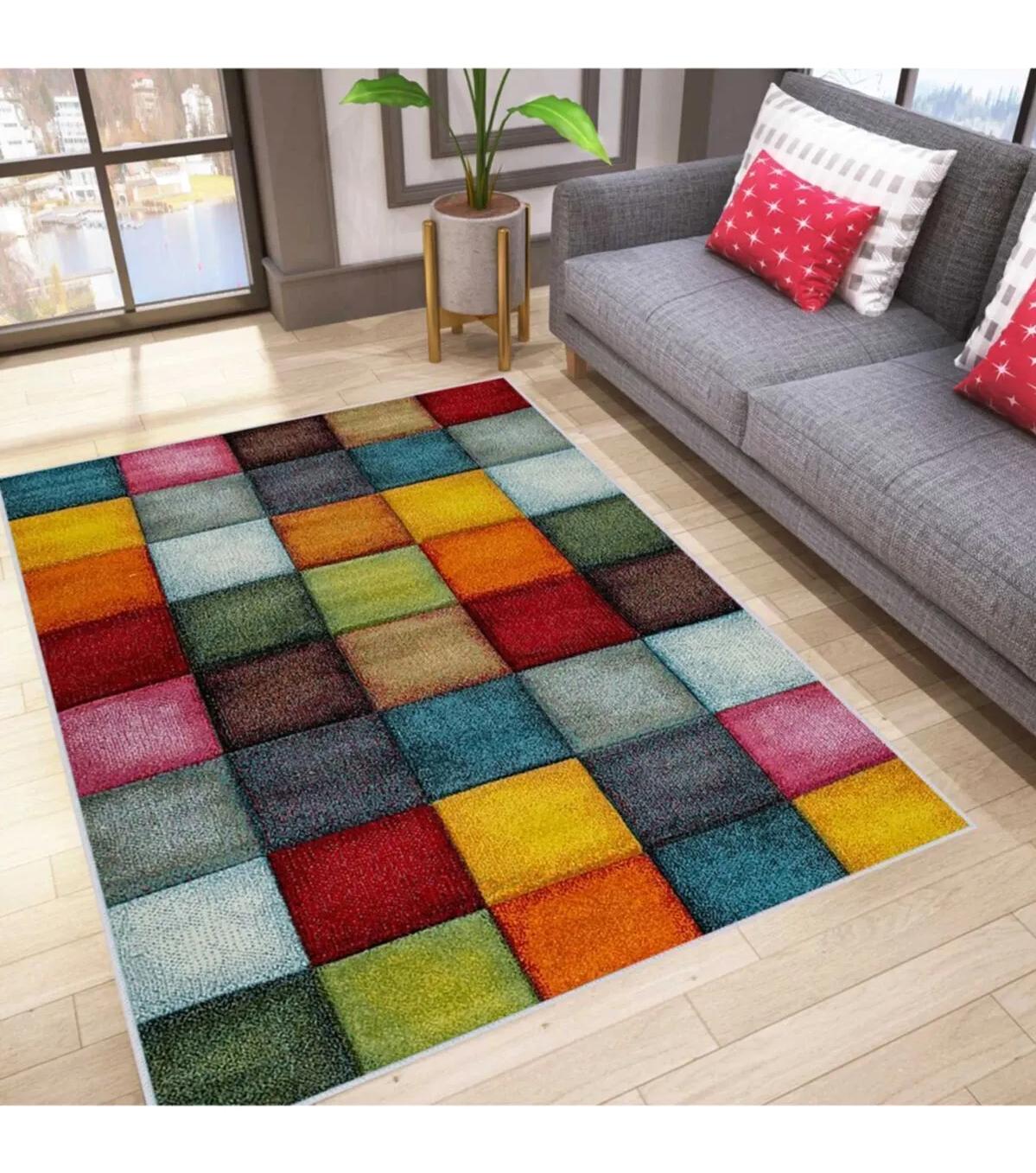 Rovigo Home RVG1024 Çok Renkli 8 mm Polyester Antibakteriyel-Leke Tutmaz-Toz Tutmaz Yıkanabilir İnce Kaymaz Dot Taban Dikdörtgen Makine Dokuma Salon Halısı 120x180 cm