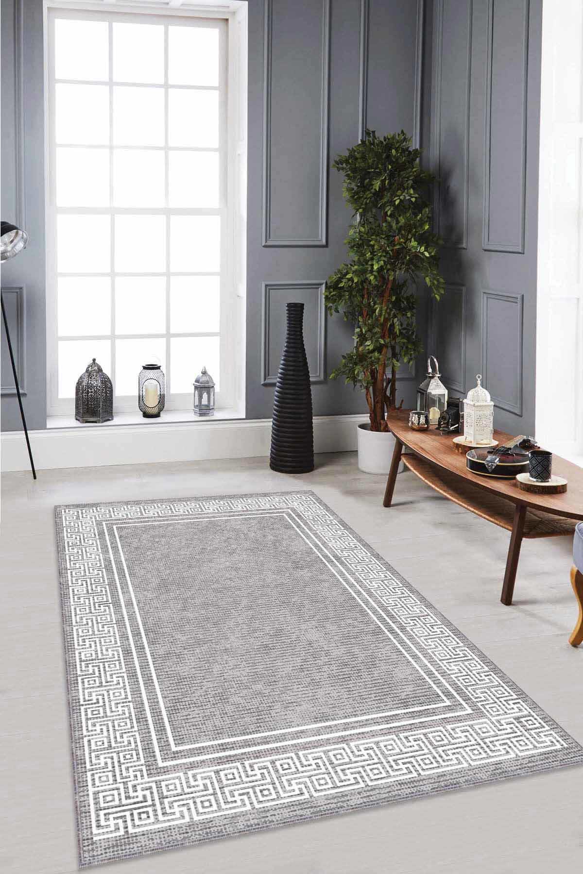 Viva Home RV041 Gri 7 mm Mikropolyester Toz Tutmaz Yıkanabilir İnce Kaymaz Dot Taban Dikdörtgen Makine Dokuma Salon Halısı 160x230 cm