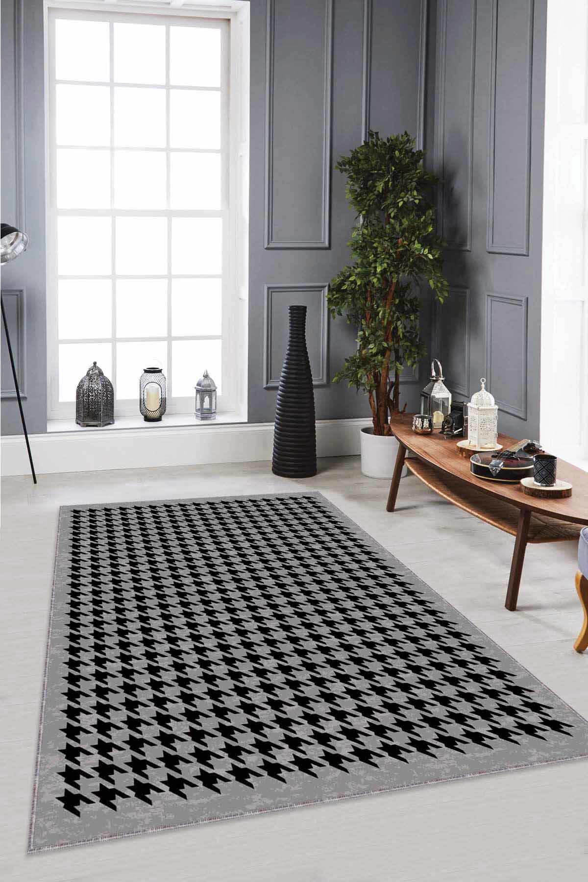 Viva Home RV177 Gri 7 mm Mikropolyester Toz Tutmaz Yıkanabilir İnce Kaymaz Dot Taban Dikdörtgen Makine Dokuma Salon Halısı 160x230 cm