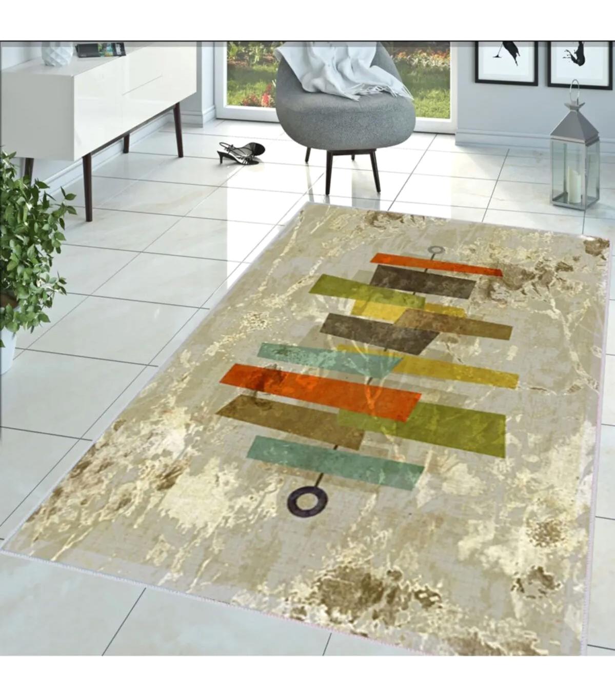 Rovigo Home RVG1399-SD371 Çok Renkli 8 mm Polyester Leke Tutmaz-Toz Tutmaz Yıkanabilir İnce Kaymaz Dot Taban Dikdörtgen Makine Dokuma Salon Halısı 120x180 cm