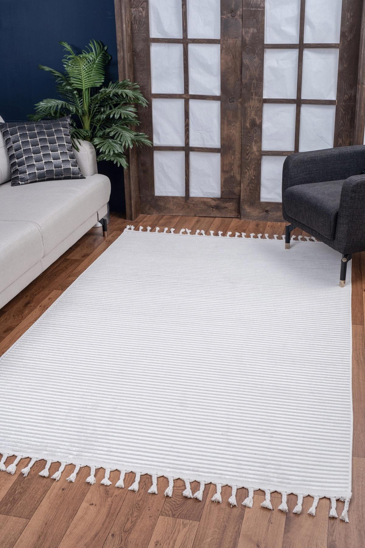 Valery Home Krem 12 mm Polipropilen Yıkanabilir İnce Kaymaz Lateks Taban Dikdörtgen Makine Dokuma Oturma Odası-Salon Halısı 80x500 cm
