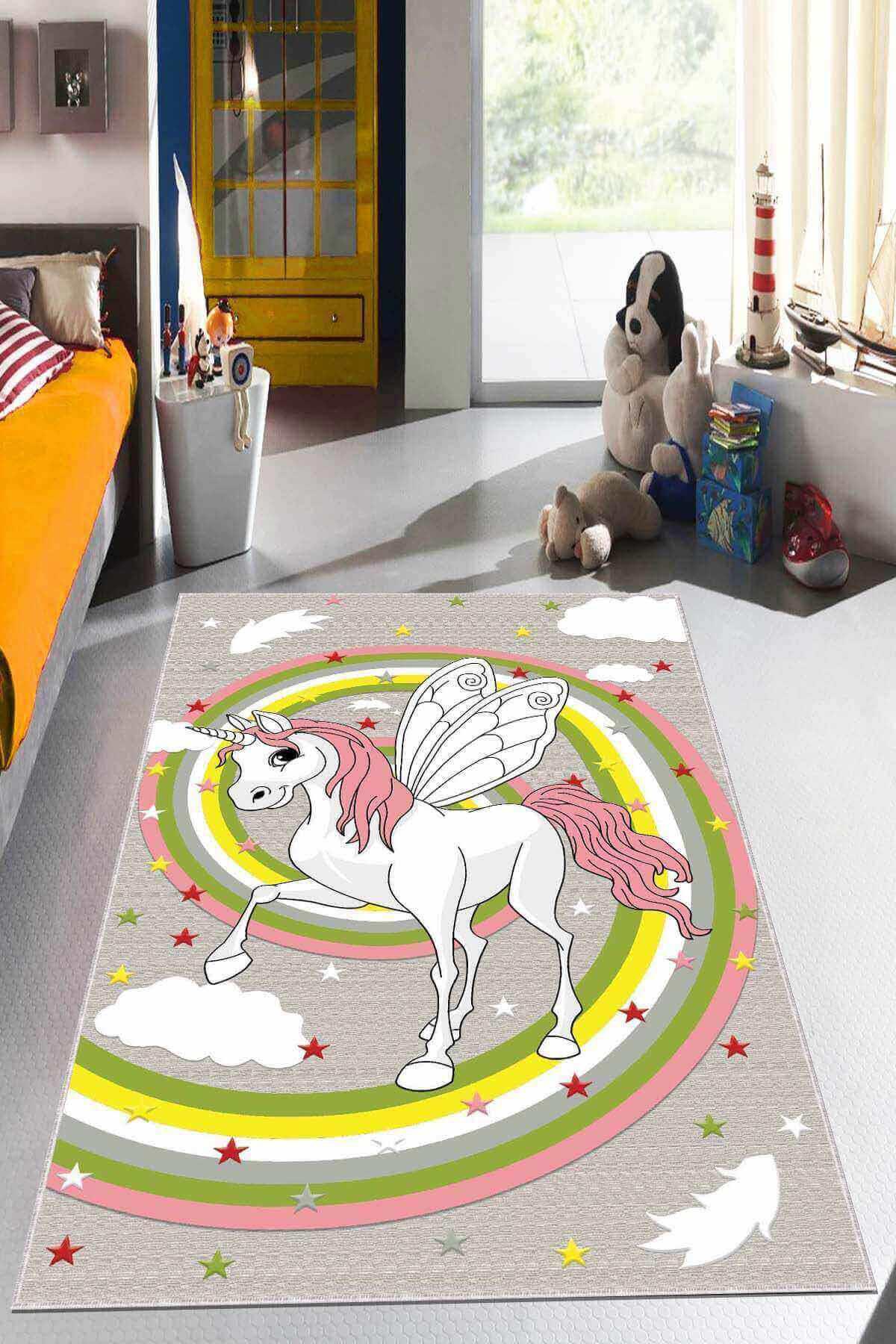 Viva Home KD57 Krem 7 mm Mikropolyester Leke Tutmaz Yıkanabilir Orta Kaymaz Dot Taban Hayvan Desenli Dikdörtgen Makine Dokuma Çocuk Odası Halısı 130x210 cm