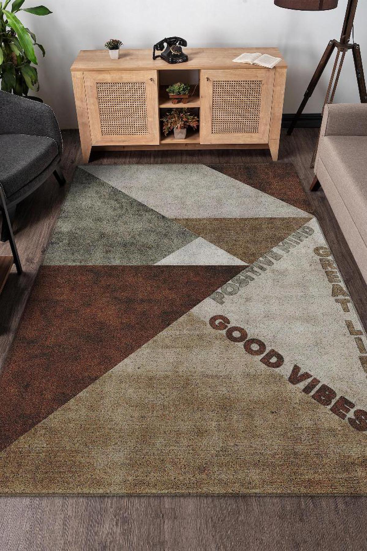 Homshtag İyi Yaşam Üçgeni Krem 4 mm Pamuk Antistatik Yıkanabilir İnce Kaymaz Dikdörtgen Makine Dokuma Oturma Odası Halısı 100x200 cm
