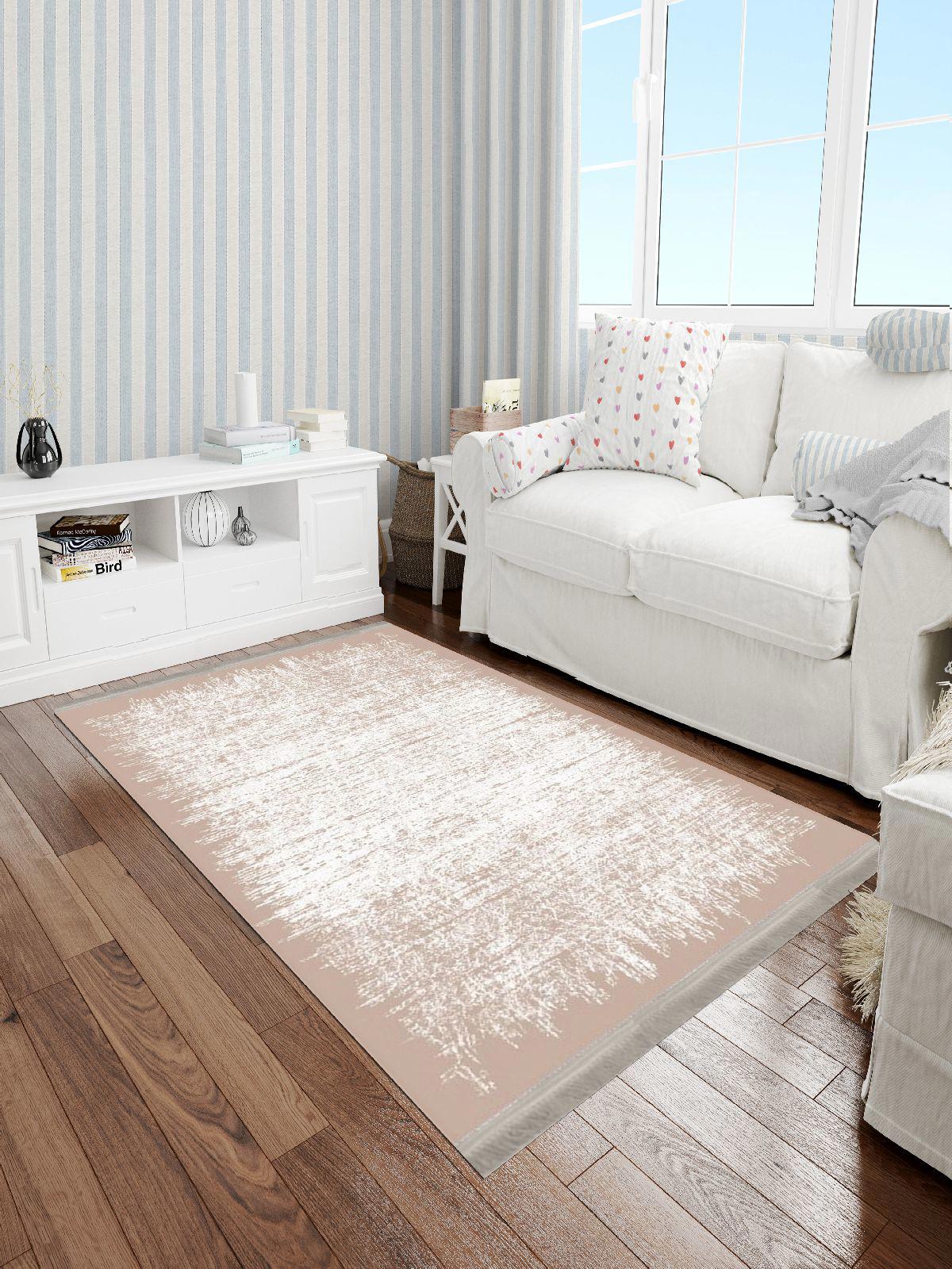 Enbe Collection E-DK5044A Bej 5 mm Pamuk Antibakteriyel Yıkanabilir Orta Kaymaz Dot Taban Dikdörtgen Makine Dokuma Oturma Odası Halısı 80x150 cm