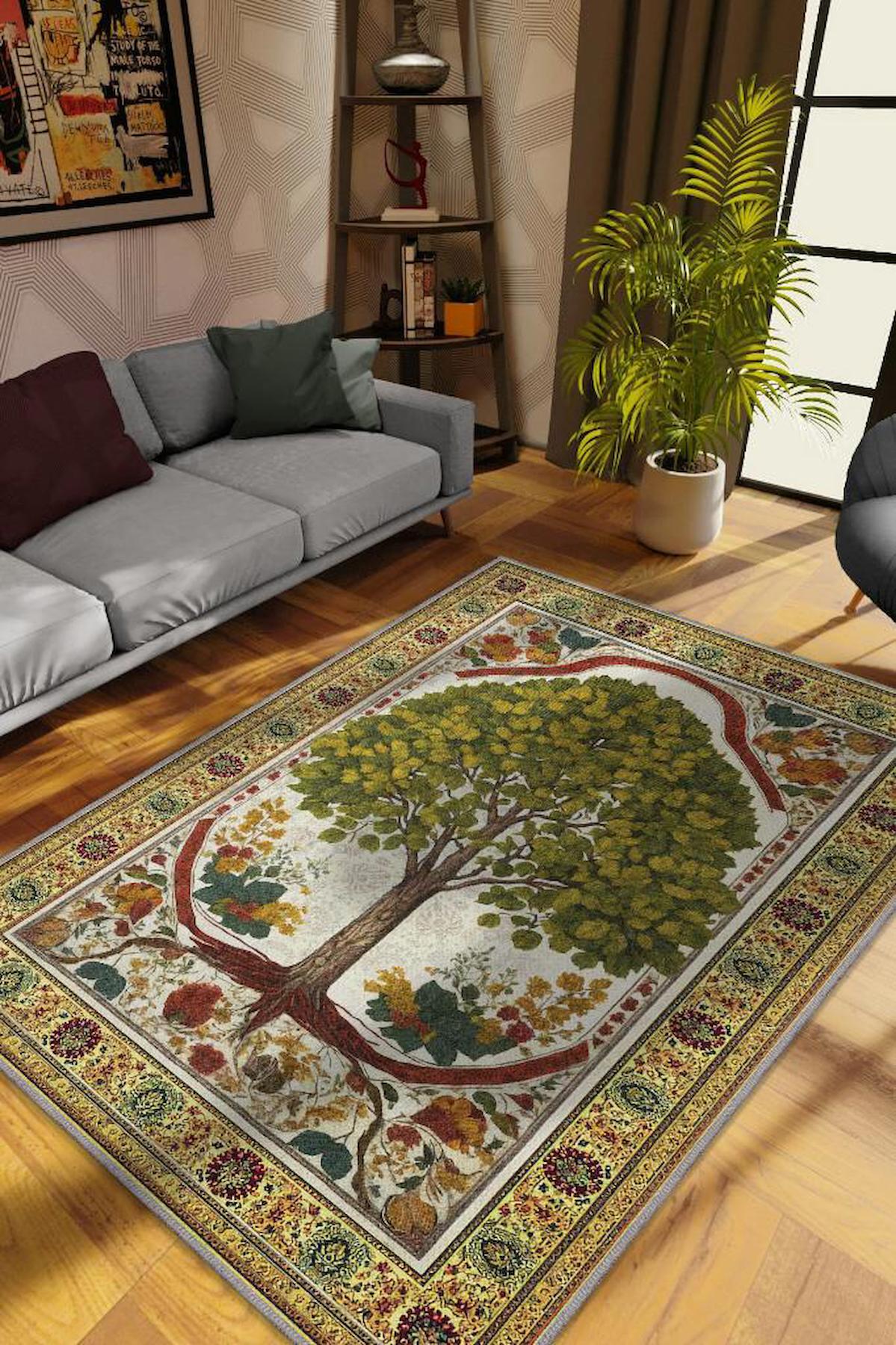 Homshtag Ihlamur Ağacı Krem 4 mm Pamuk Antistatik Yıkanabilir İnce Kaymaz Dikdörtgen Makine Dokuma Salon Halısı 195x290 cm