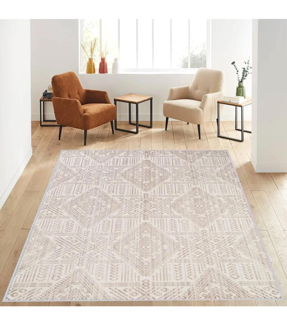 Rovigo Home RVG1242 Bej 8 mm Polyester Leke Tutmaz-Toz Tutmaz Yıkanabilir İnce Kaymaz Dot Taban Dikdörtgen Makine Dokuma Salon Halısı 80x300 cm