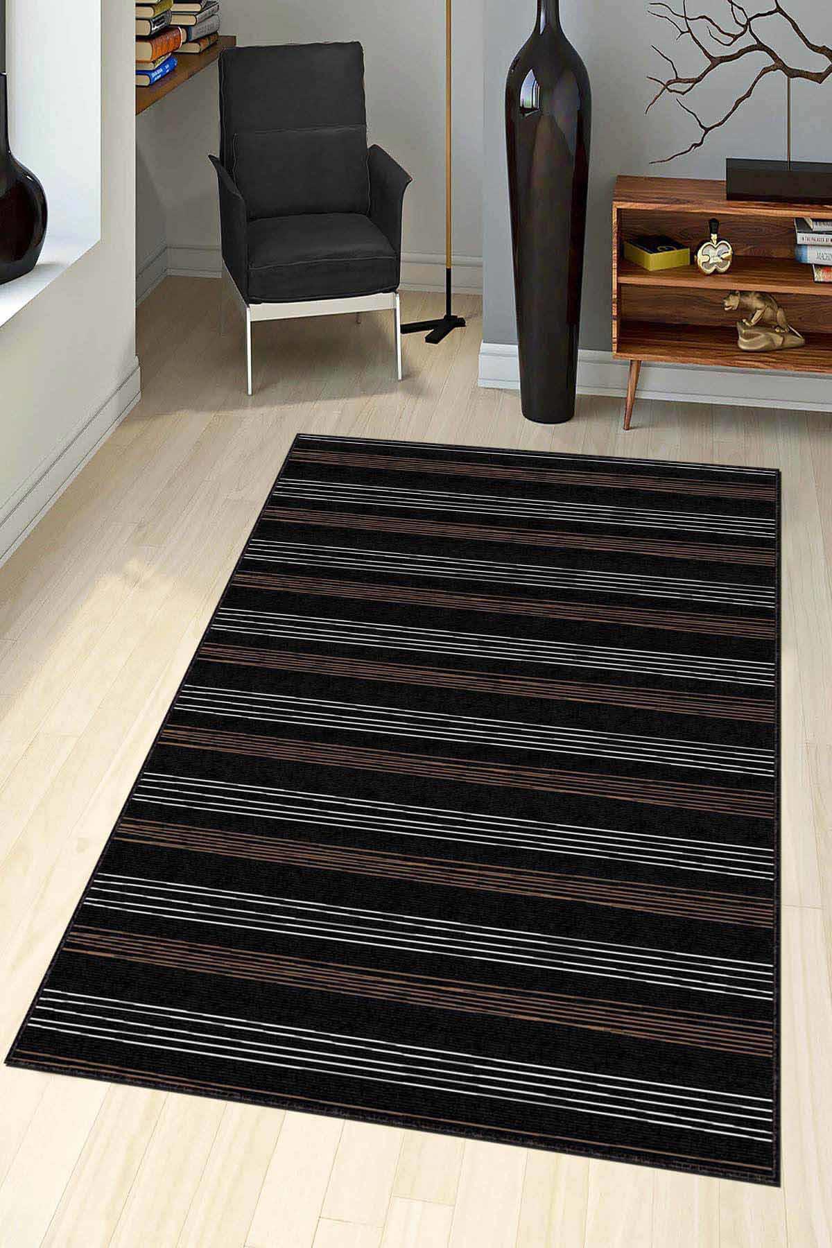 Viva Home AR686 Siyah 7 mm Mikropolyester Toz Tutmaz Yıkanabilir İnce Kaymaz Lateks Taban Dikdörtgen Makine Dokuma Salon Halısı 100x300 cm