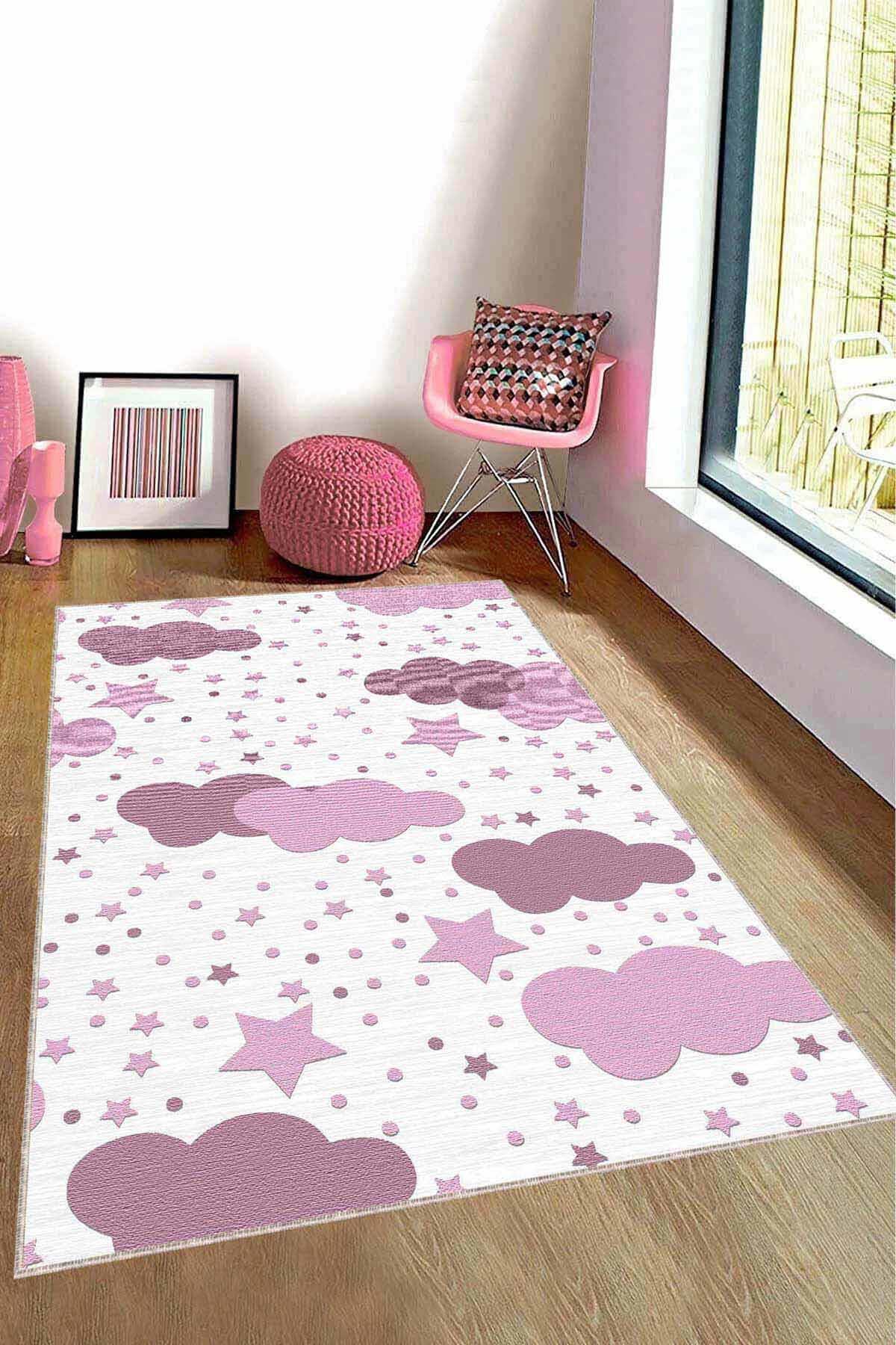 Viva Home KD026 Pembe 7 mm Mikropolyester Leke Tutmaz Yıkanabilir İnce Kaymaz Dot Taban Dikdörtgen Makine Dokuma Çocuk Odası Halısı 140x200 cm