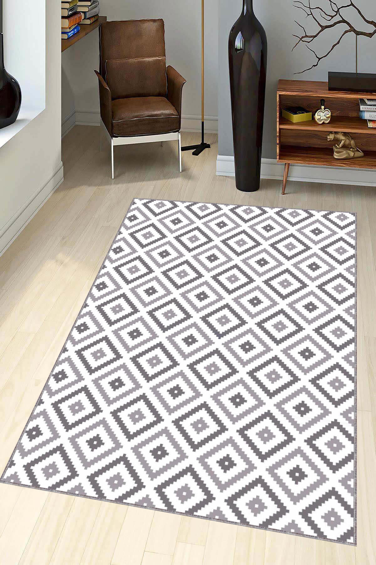 Viva Home KR002 Gri 7 mm Mikropolyester Yıkanabilir Kaymaz Taban Dikdörtgen Makine Dokuma Halı 160x235 cm