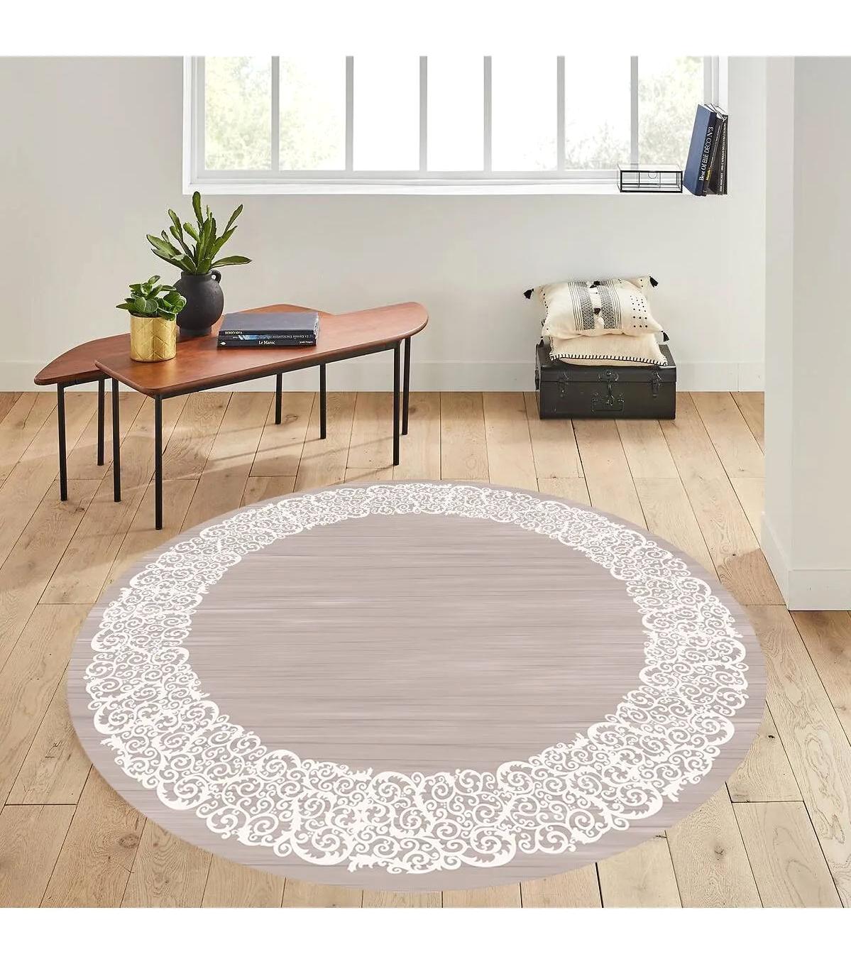 Rovigo Home RVG7292-HS524 Krem 8 mm Polyester Antibakteriyel-Leke Tutmaz-Toz Tutmaz Yıkanabilir İnce Kaymaz Dot Taban Yuvarlak Makine Dokuma Salon Halısı 80x200 cm