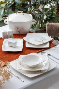Acar Rosemary Gold 60 Parça 12 Kişilik Desenli Porselen Kare Yemek Takımı