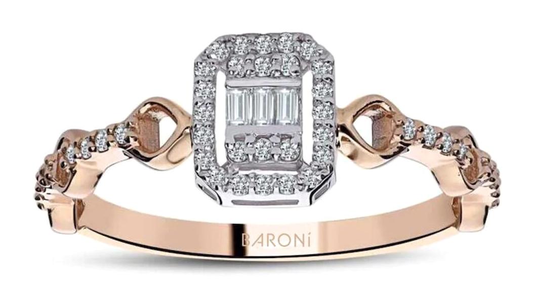 Baroni 0.19 Karat Kare Baget Parlak Sertifikalı Beyaz Pırlanta Yüzük