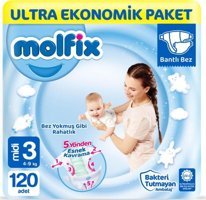 Molfix Midi Ultra Ekonomik 3 Numara Göbek Oyuntulu Cırtlı Bebek Bezi 120'li