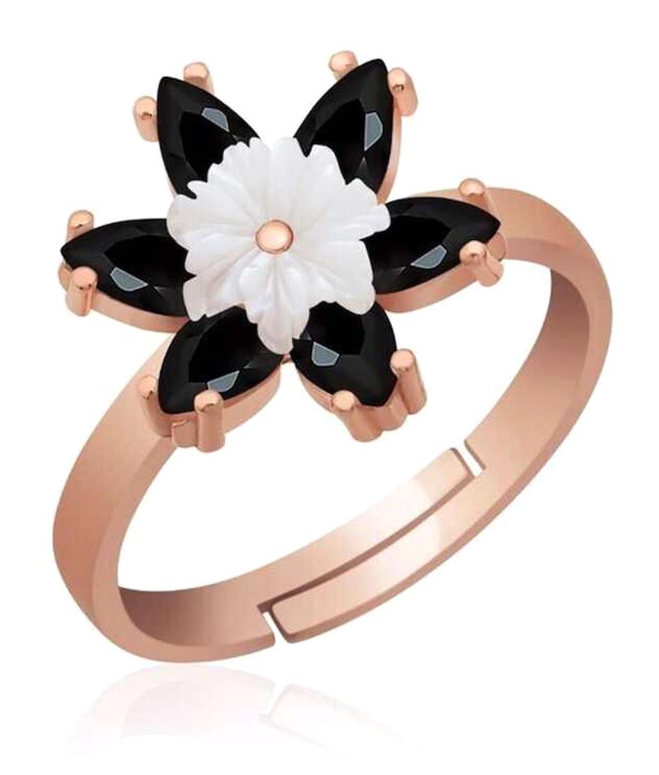 Gumush Siyah Taşlı Çiçekli Ayarlanabilir 925 Ayar Lotus Gümüş Yüzük