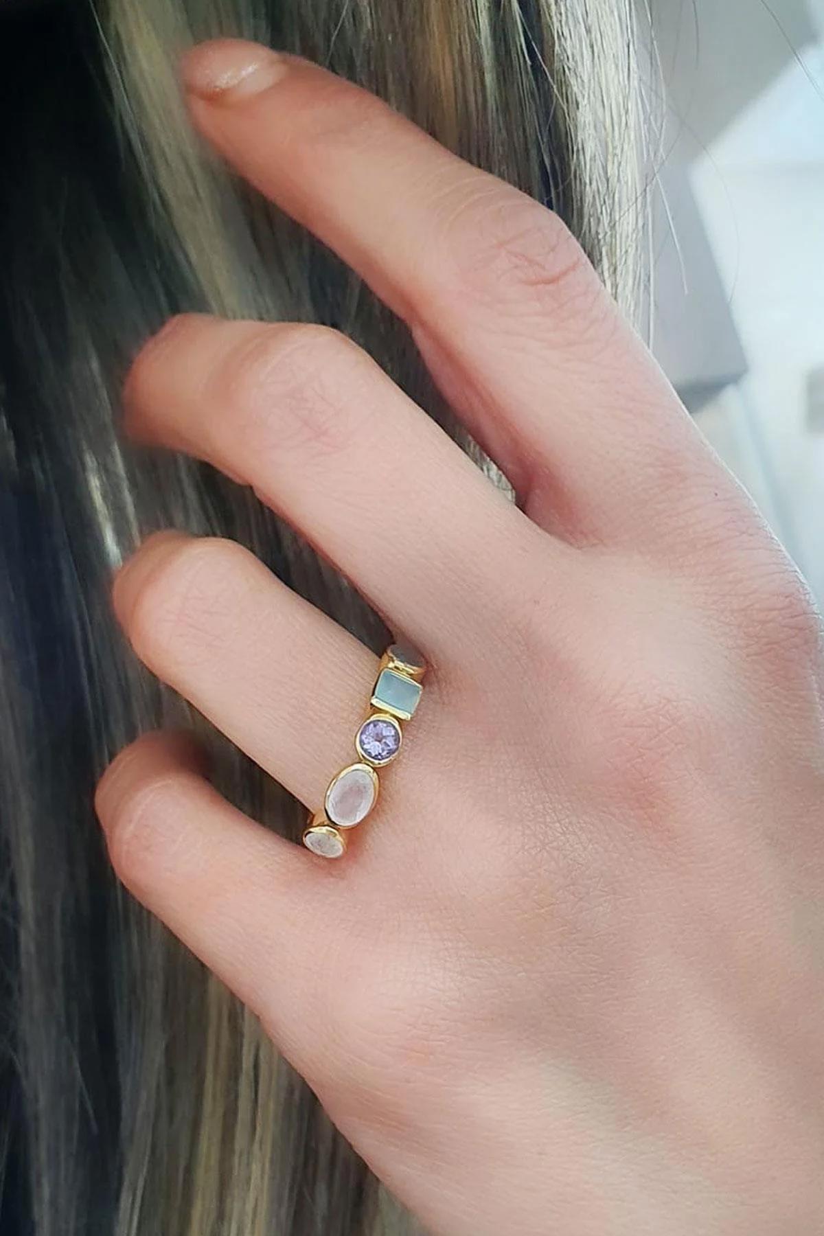 Oseshop Beyaz-Mavi Ametist Taşlı 925 Ayar Gümüş Yüzük