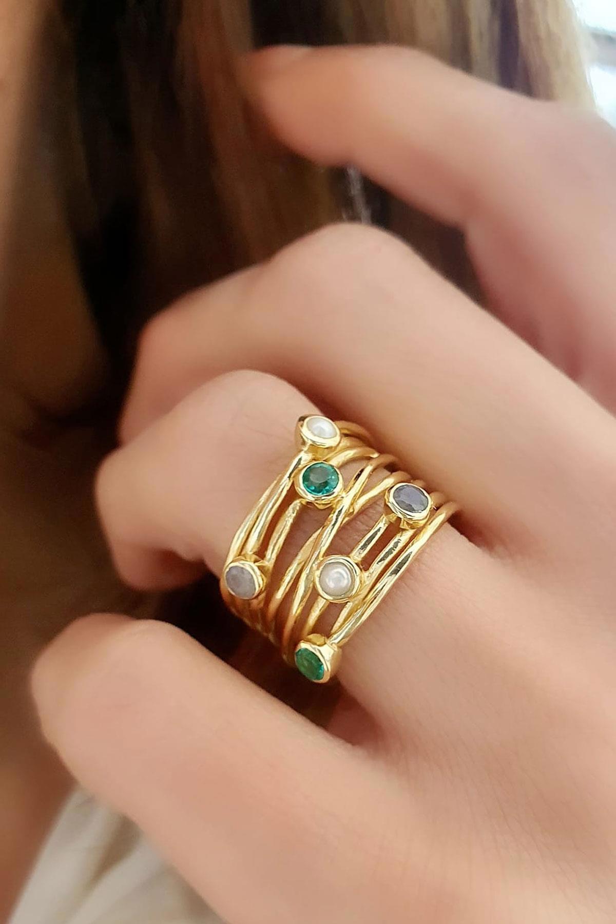 Oseshop Yeşil Aquamarine Taşlı Taşlı İncili 925 Ayar Gümüş Yüzük
