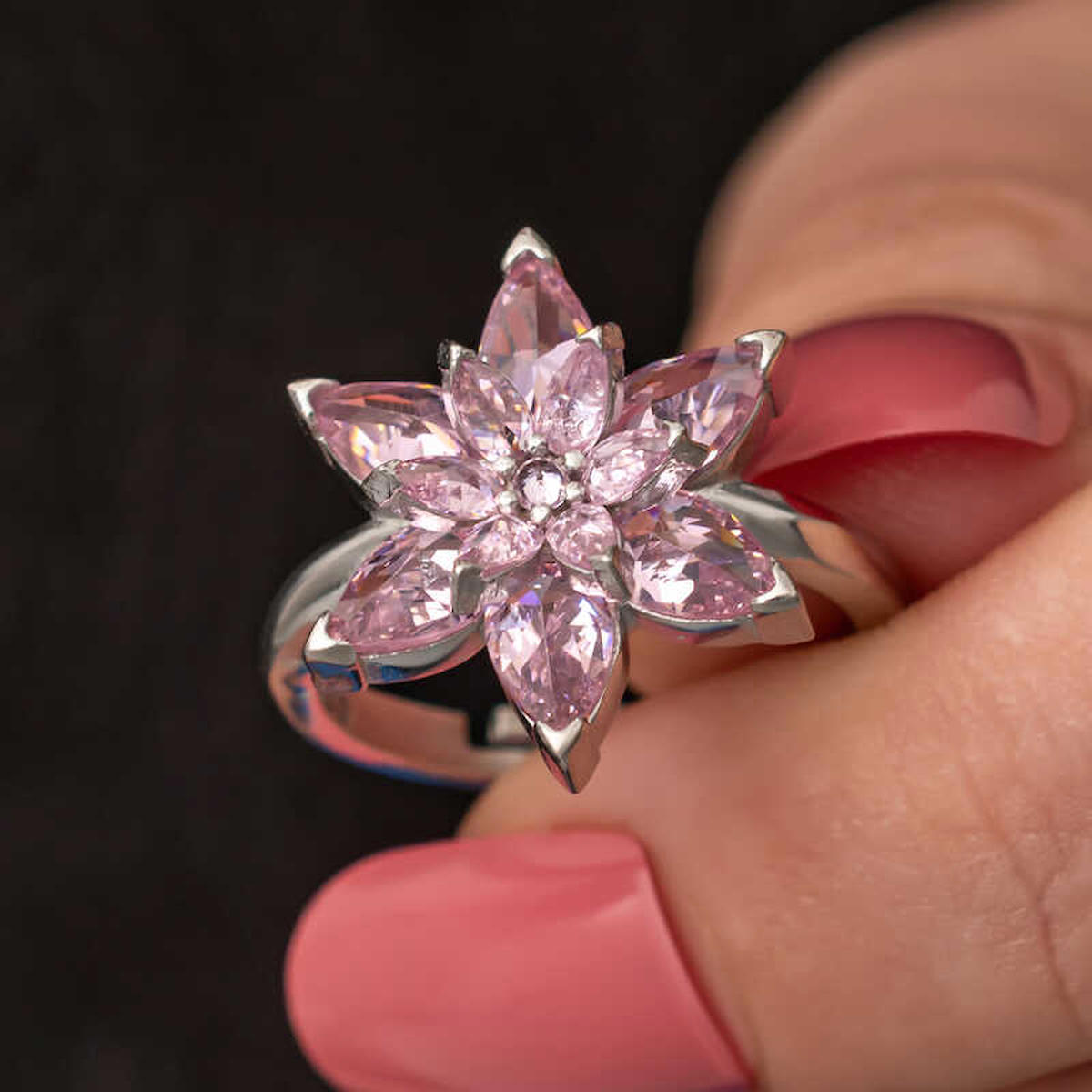 Anatolya Gümüş Pembe Taşlı Çiçekli Ayarlanabilir 925 Ayar Lotus Gümüş Yüzük