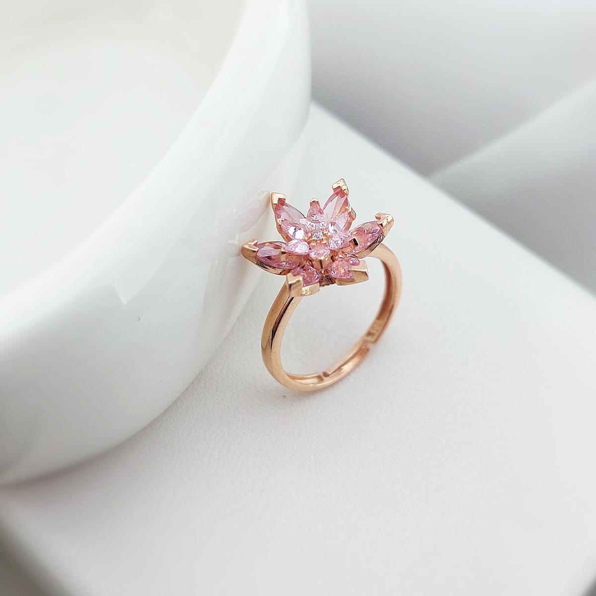Vaoov Pembe Taşlı Çiçekli Ayarlanabilir 925 Ayar Lotus Gümüş Yüzük