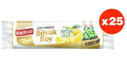Koroplast Ekstra Güçlü Limon Kokulu Büzgülü Büyük Boy 65x70 cm Çöp Poşeti 250 Adet Sarı