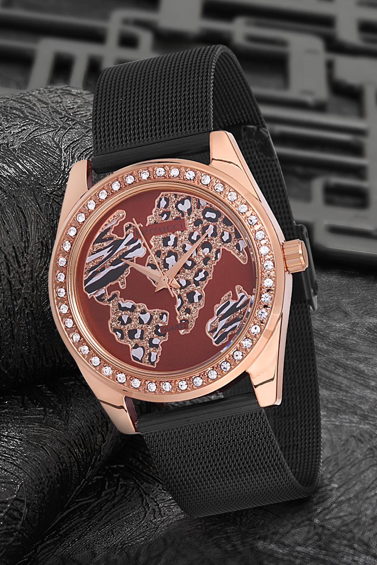 Ferrucci 9FM1520 38 mm Siyah Çelik-Hasır Kordon Analog Kadın Kol Saati