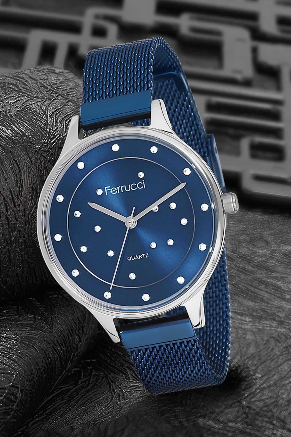 Ferrucci 9FM1554 38 mm Lacivert Çelik-Hasır Kordon Analog Kadın Kol Saati