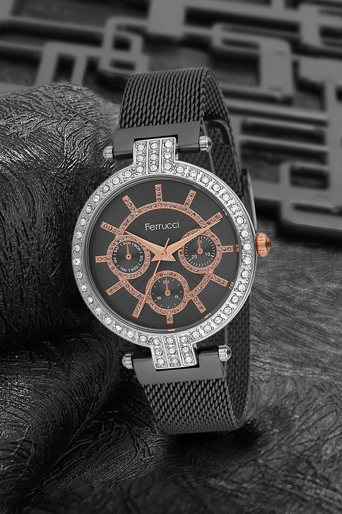 Ferrucci 9FM2441 38 mm Siyah Çelik-Hasır Kordon Analog Kadın Kol Saati