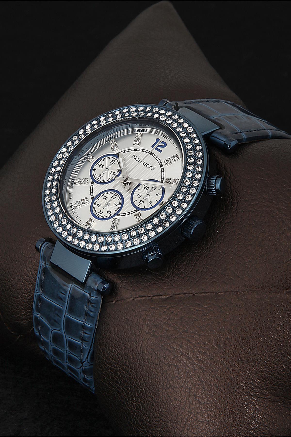 Ferrucci FER320 Takvimli 38 mm Lacivert Deri Kordon Analog Kadın Kol Saati