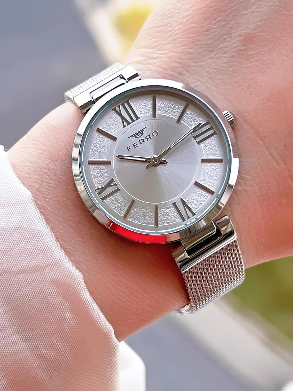 Ferro 2155 36 mm Gri Hasır Kordon Analog Kadın Kol Saati