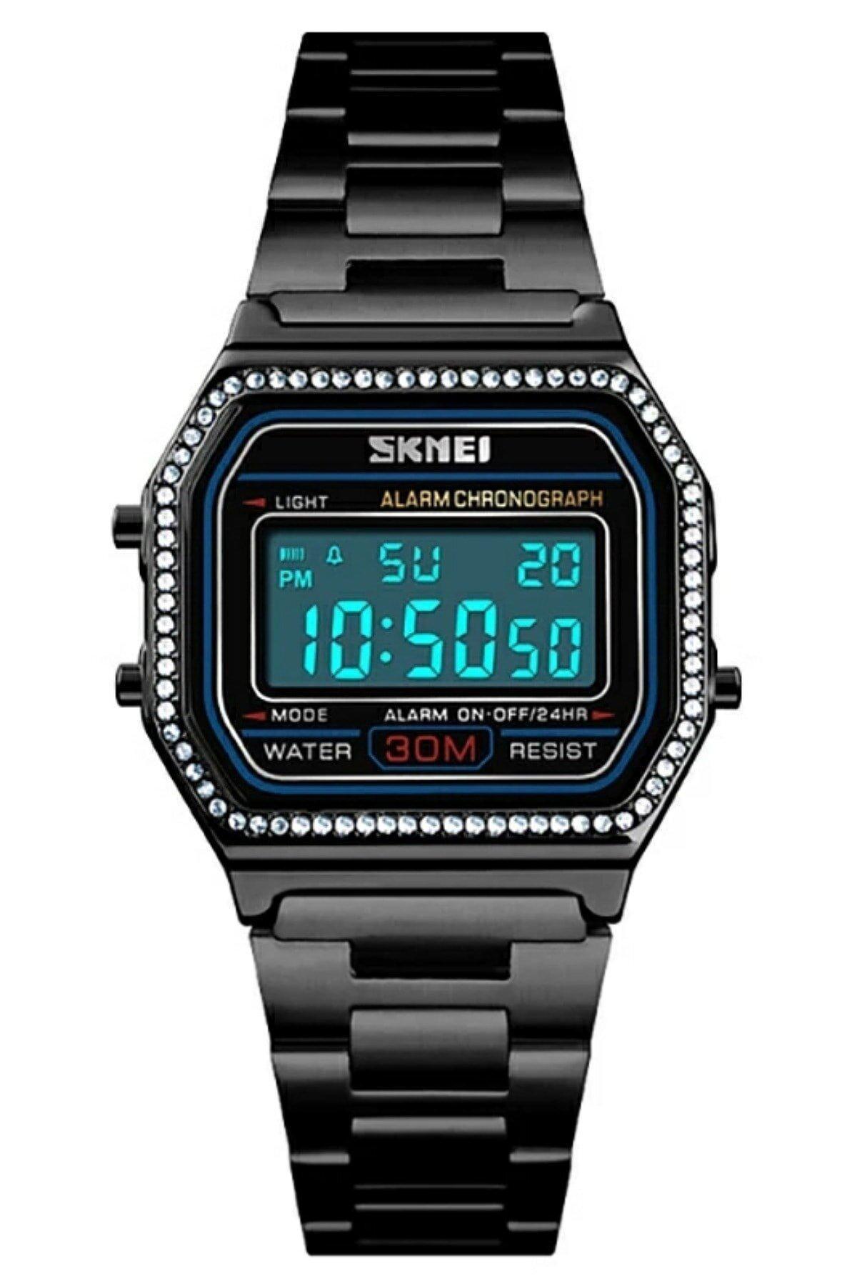 Skmei Takvimli 37 mm Siyah Çelik Kordon Dijital Kadın Kol Saati