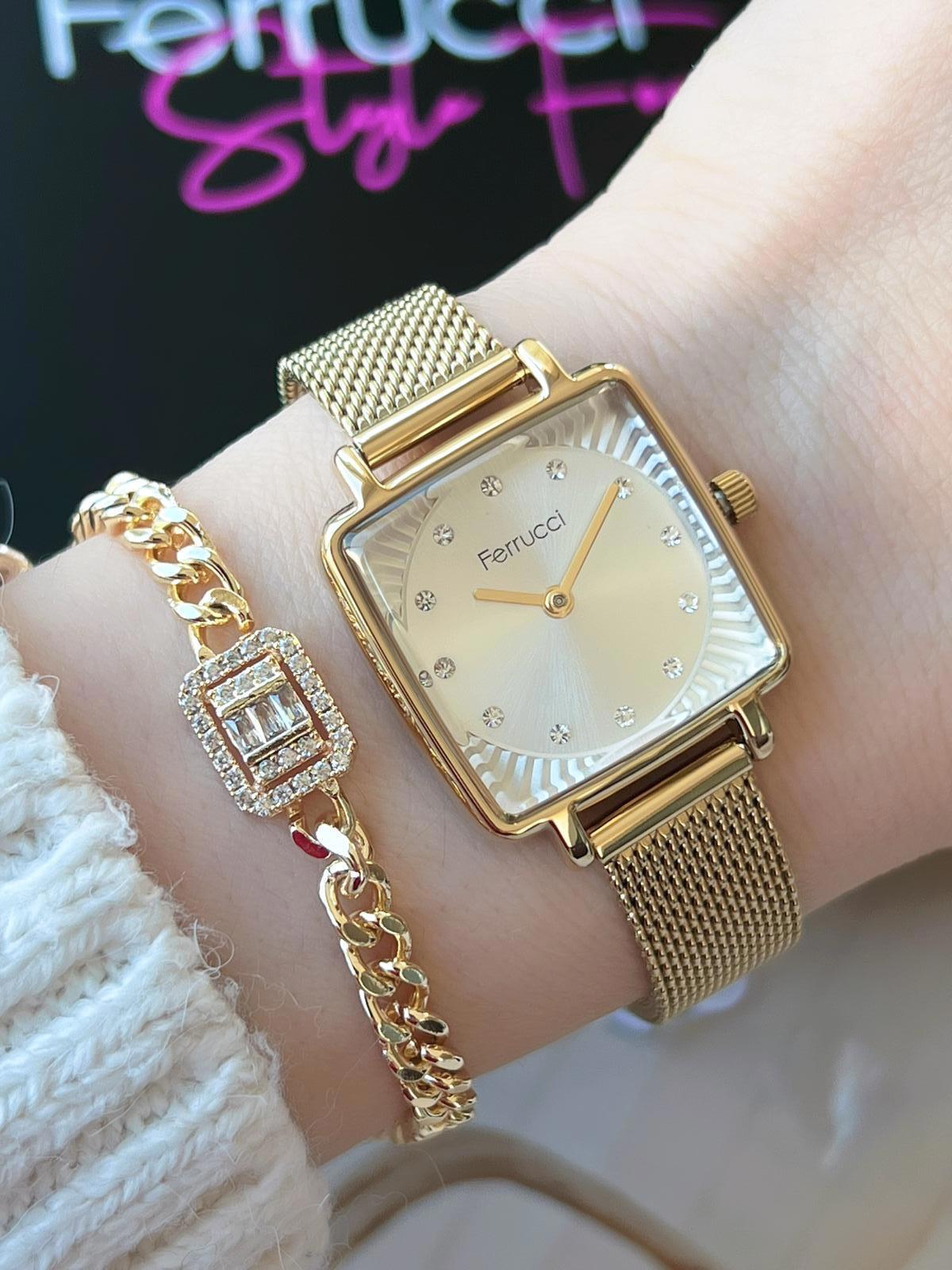 Ferrucci BLKT.B.101 34 mm Altın Çelik-Deri Kordon Analog Kadın Kol Saati