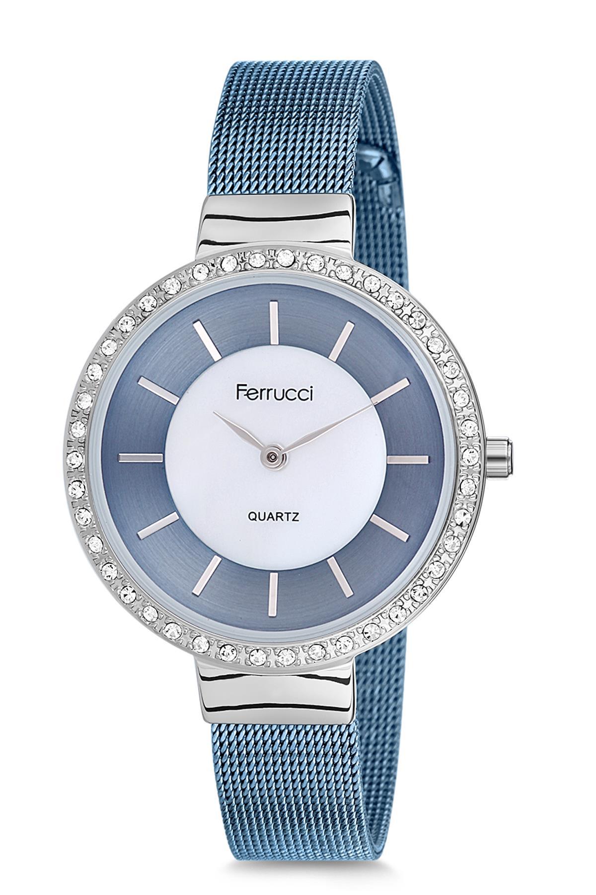 Ferrucci 9FM1044 38 mm Mavi Çelik-Hasır Kordon Analog Kadın Kol Saati