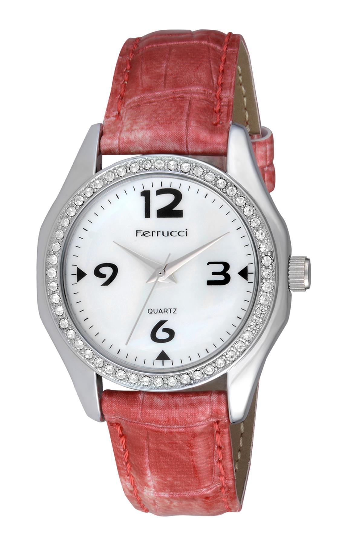 Ferrucci 5FK465 38 mm Kırmızı Deri Kordon Analog Kadın Kol Saati