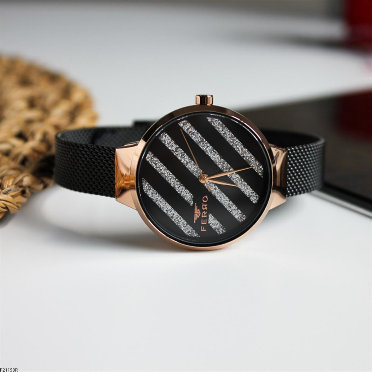 Ferro F21153R 36 mm Siyah Metal Kordon Analog Kadın Kol Saati