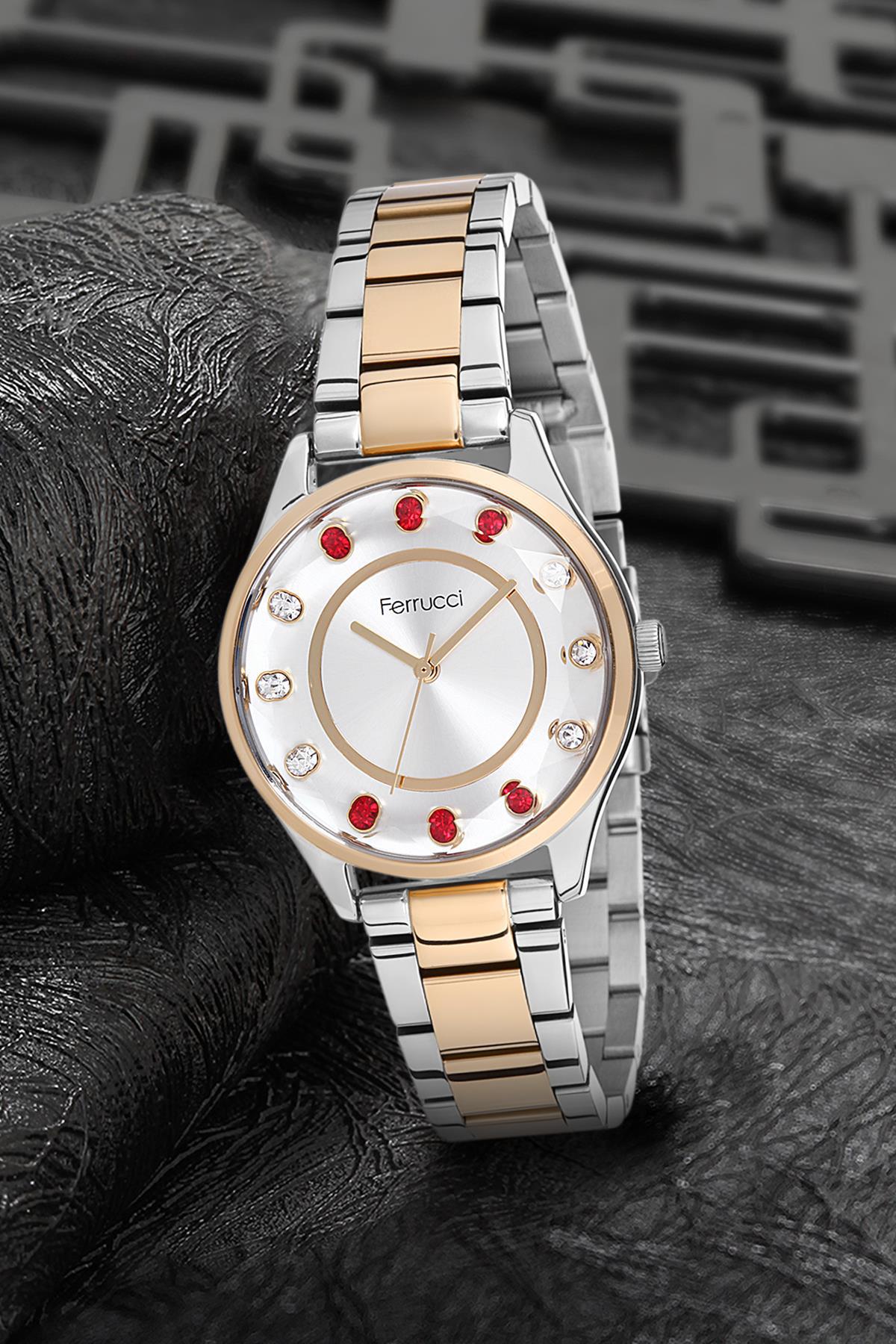 Ferrucci 9FM2450 35 mm Altın-Gri Metal Kordon Analog Kadın Kol Saati