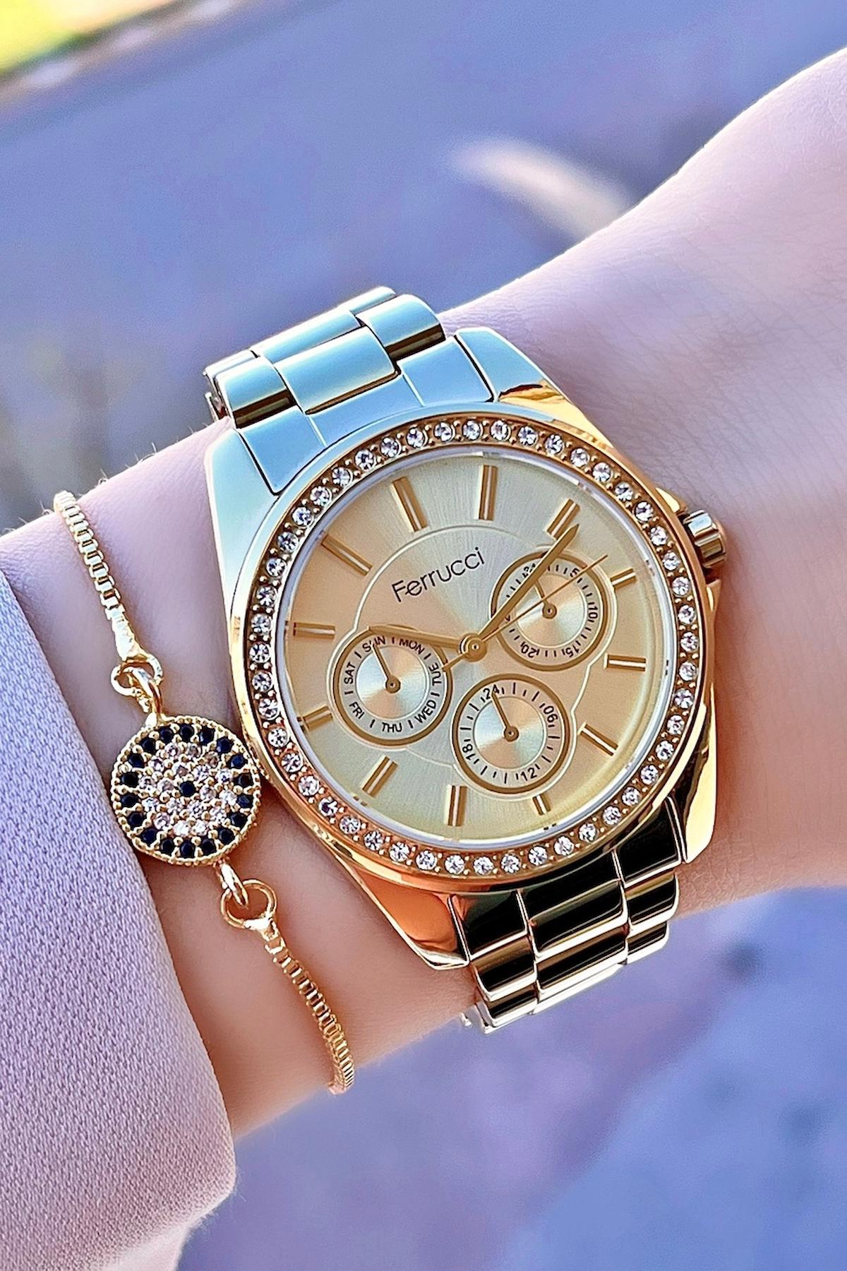 Ferrucci FCISTE13 Takvimli 35 mm Altın Çelik Kordon Analog Kadın Kol Saati