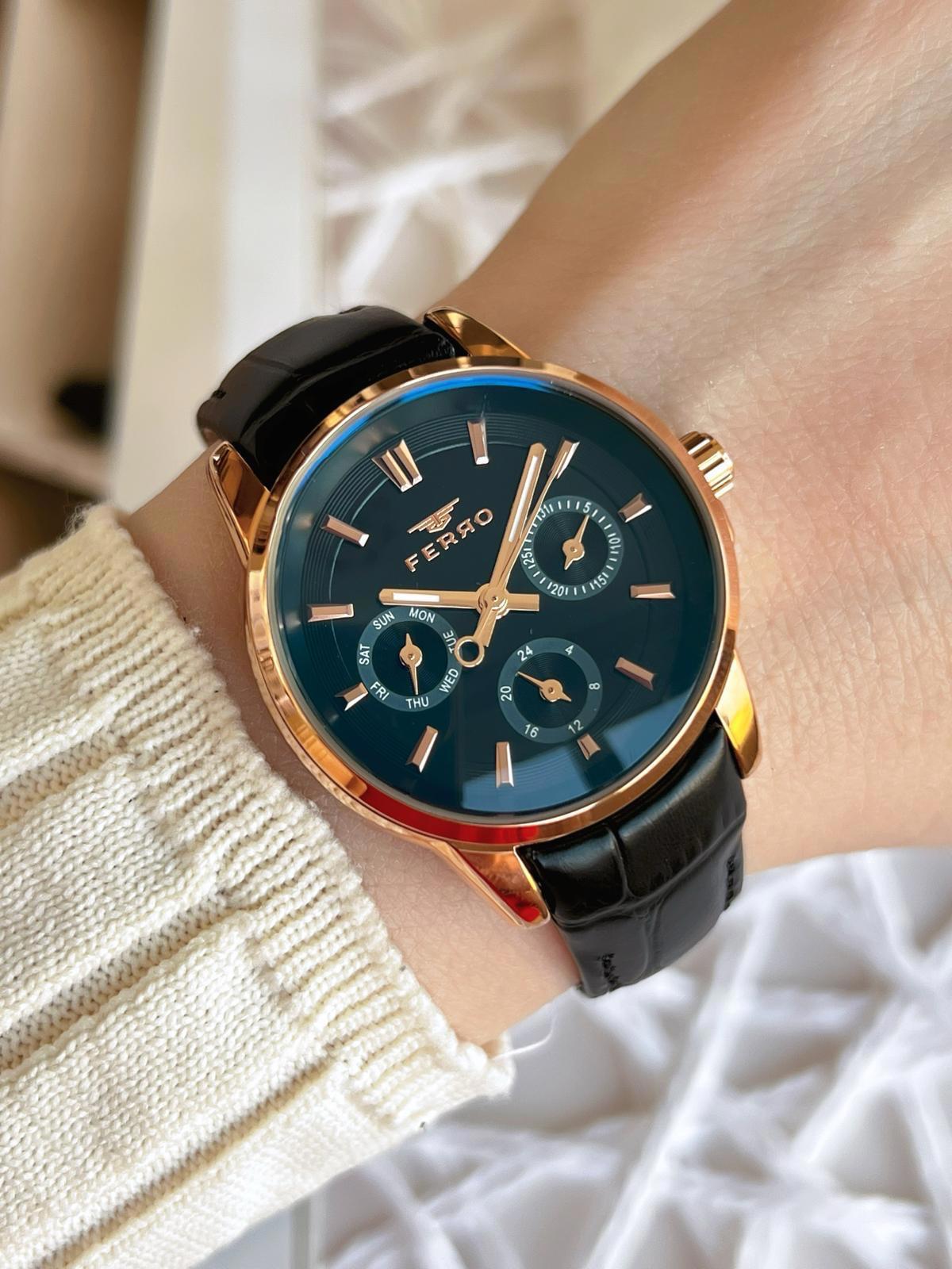 Ferro BFM1905BWT-S Takvimli 36-40 mm Lacivert Deri Kordon Analog Kadın Kol Saati