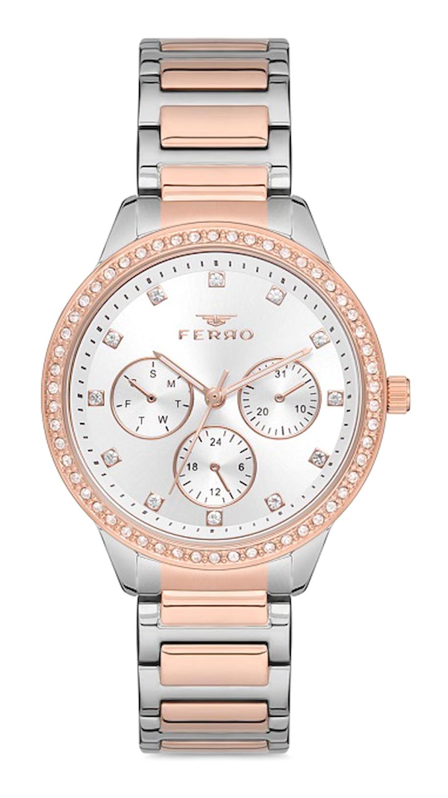 Ferro F21077A-E Takvimli 34 mm Gri-Rose Gold Metal Kordon Analog Kadın Kol Saati